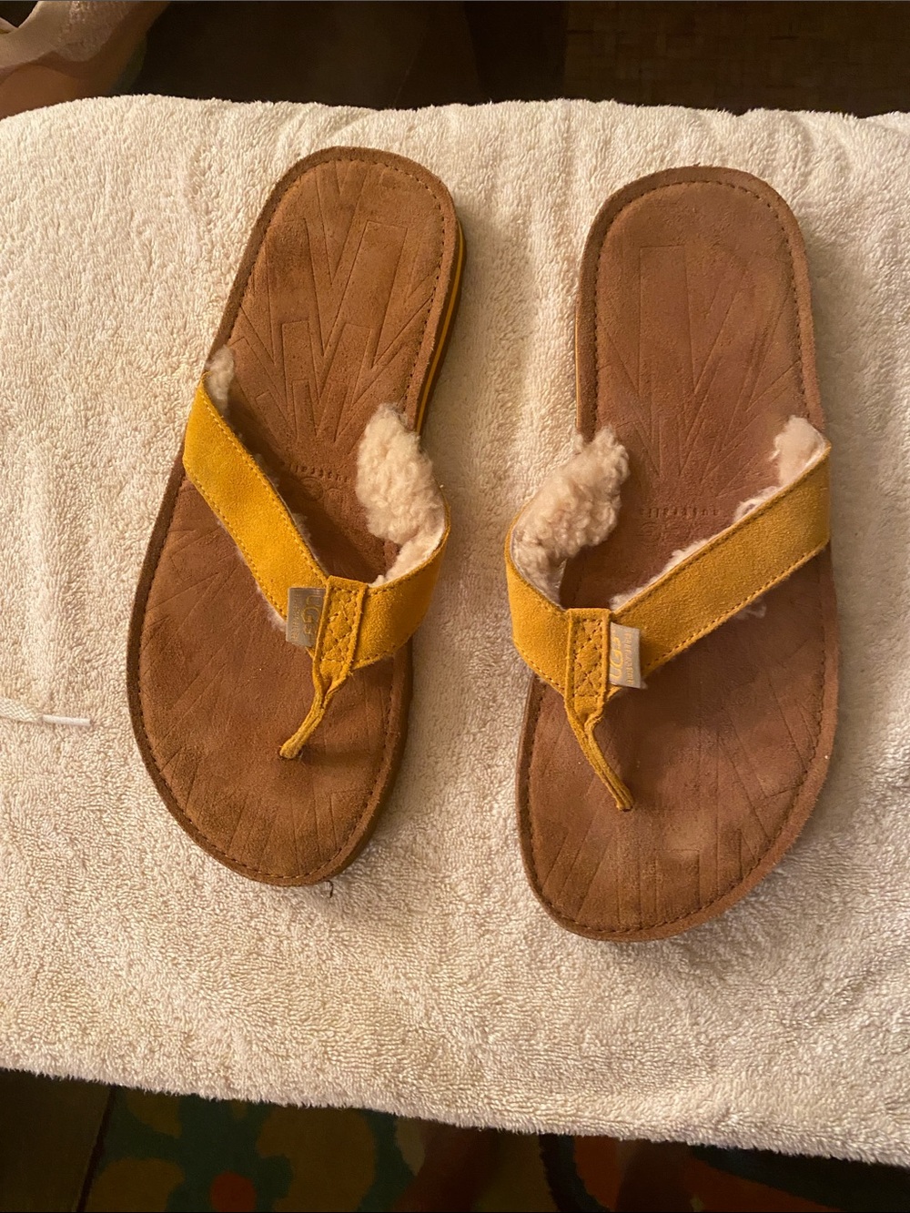 UGG Yellow Suede Shearling Flip Flop Sandals